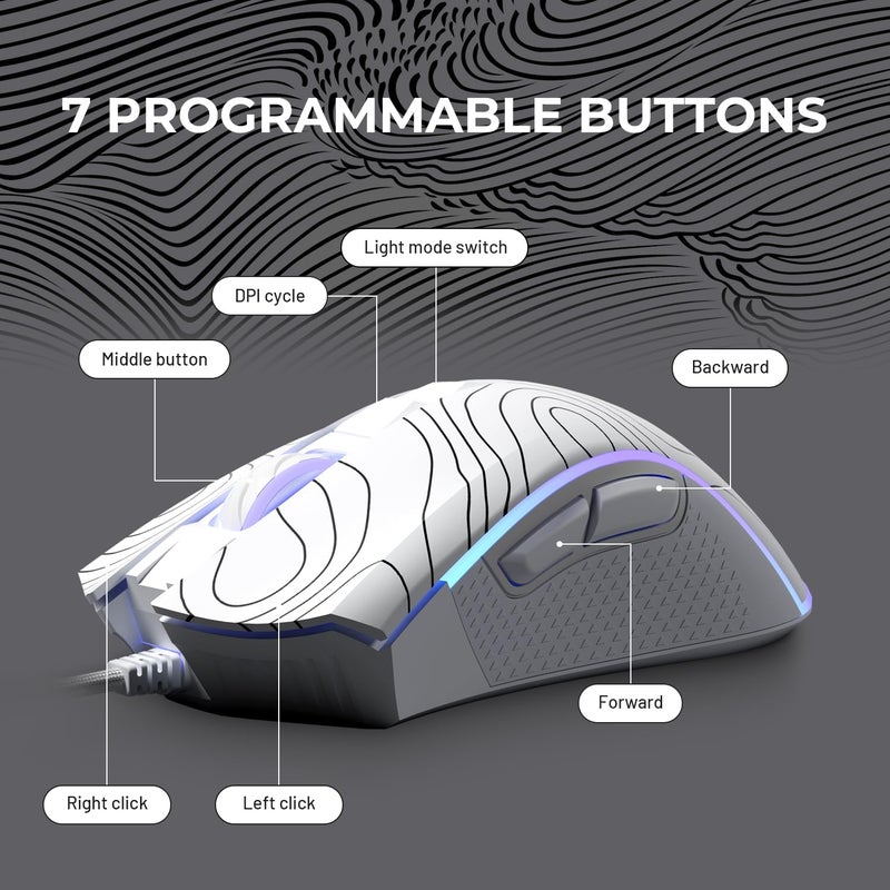 HITIME XVX G705 Wired Gaming Mouse, 12000 DPI RGB Gaming Mouse with 12 Backlit Modes & 7 Macro Buttons, PC Gaming Mice Support DIY Keybinding, Mouse Gamer Computer Mouse for Laptop PC Mac Windows,Topographic - Image 5